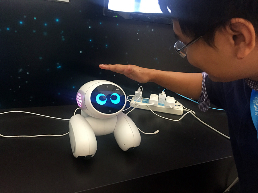 Intelligent robots interact with audiences at Beijing AI expo