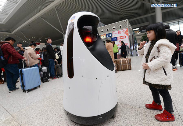 Air quality-monitoring robot patrols at Zhengzhou railway station