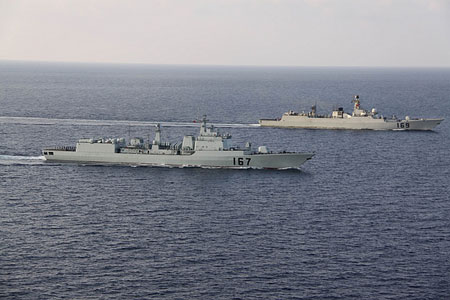 Two fleets of naval escort ships meet in Gulf of Aden