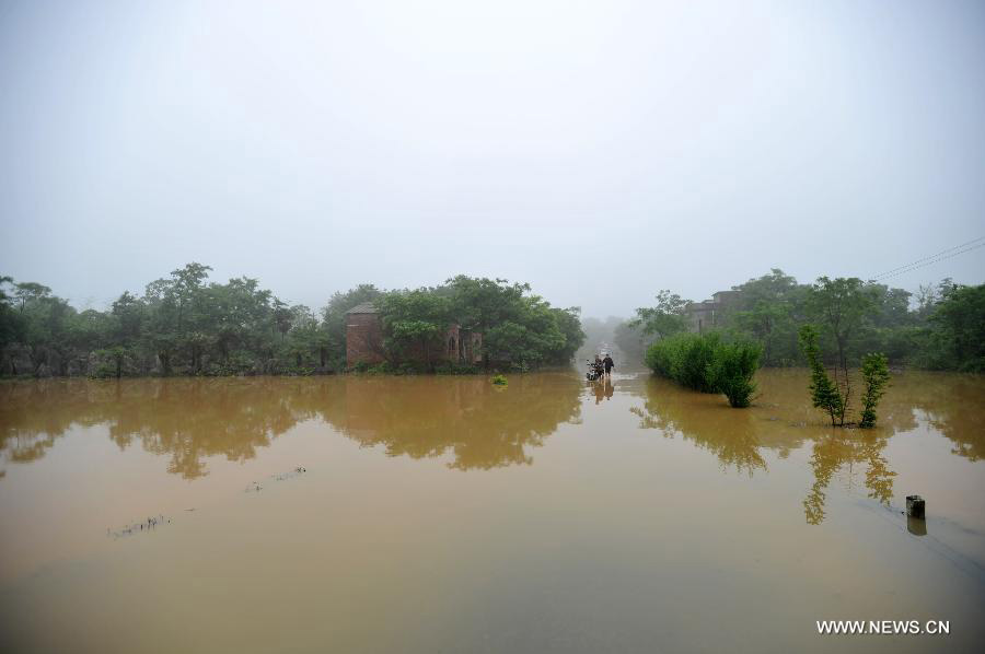 Road destroyed by rain-triggered floods in S China