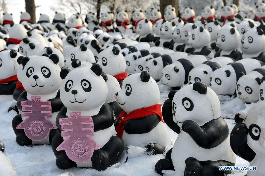 Panda sculptures seen at Daming Mountain Park