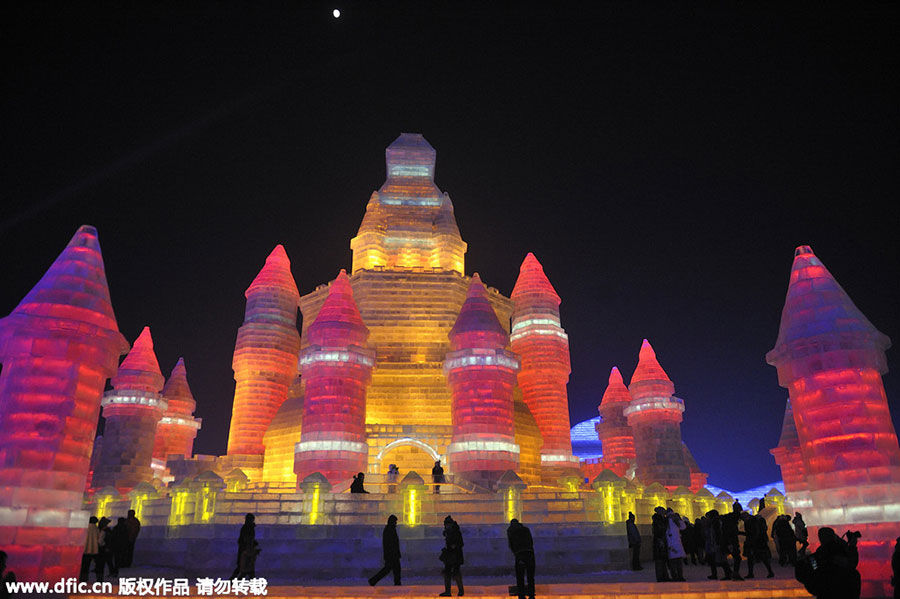 Ice and snow world lights up the night sky in Harbin