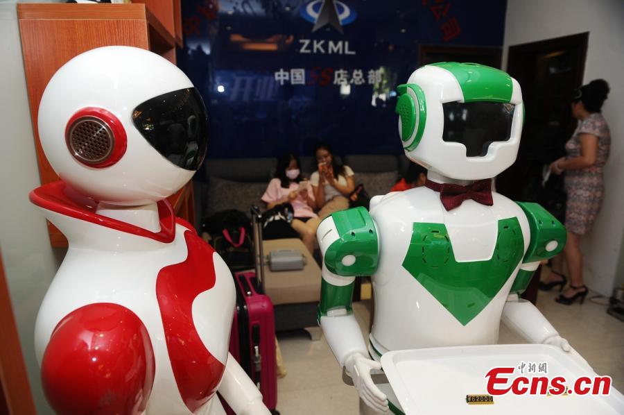 Robot shop entertains customers in Central China