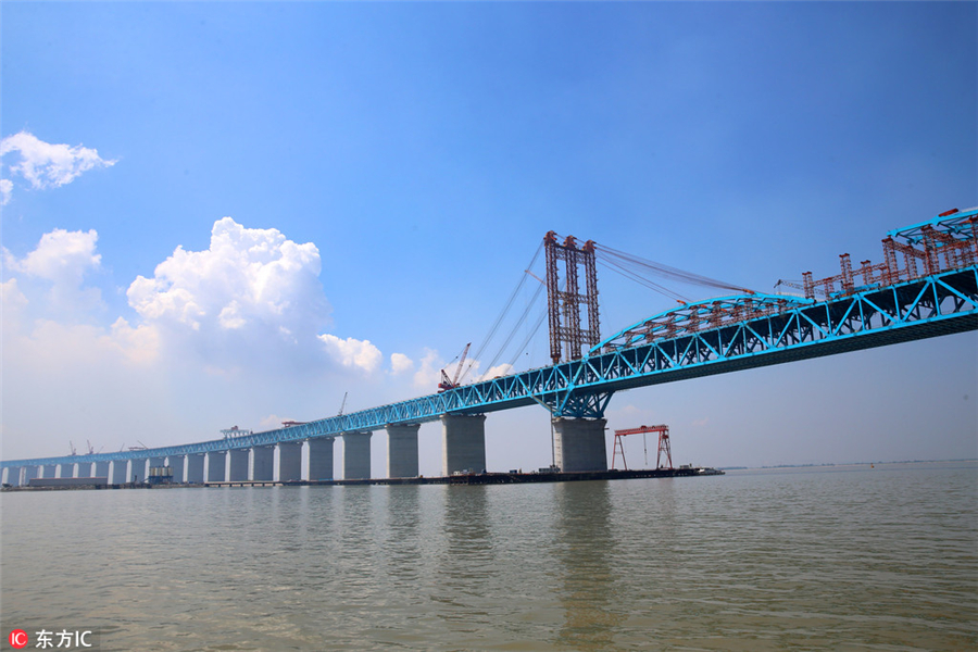 Aerial view of Shanghai-Nantong Yangtze River Bridge under construction