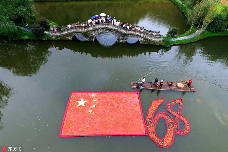 Farmers 'draw' love to motherland with red carps in river