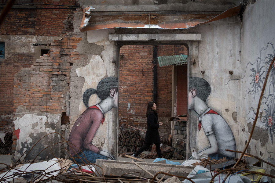 Graffiti on dismantled Shanghai Shikumen buildings