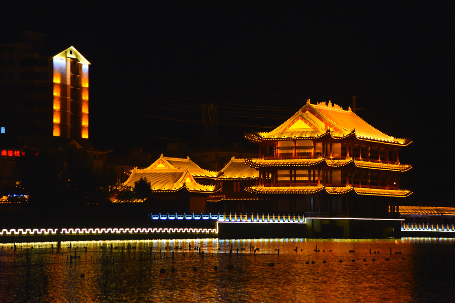 Vibrant night cityscape of Gansu's Dunhuang city