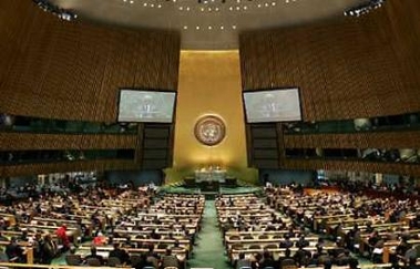 A view of the General Assembly hall at United Nations headquarters in New York, May 2, 2005.