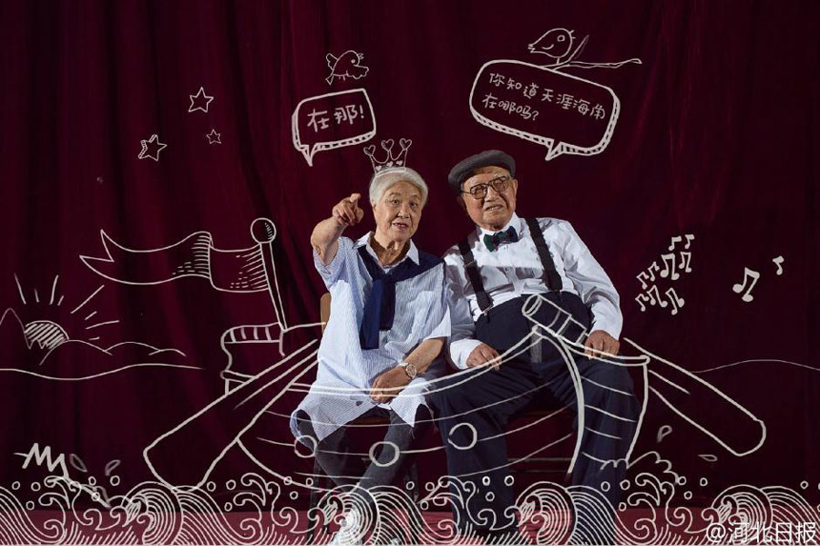 Senior couples take fashionable wedding photos