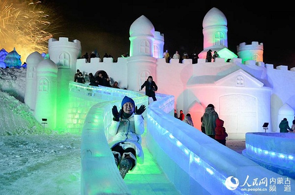 Ice sculptures brighten winter night in Arxan