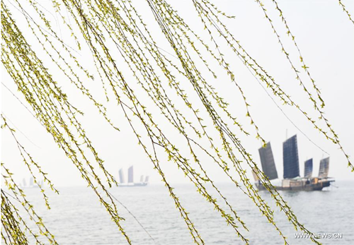 Boats sail on Taihu Lake in Wuxi