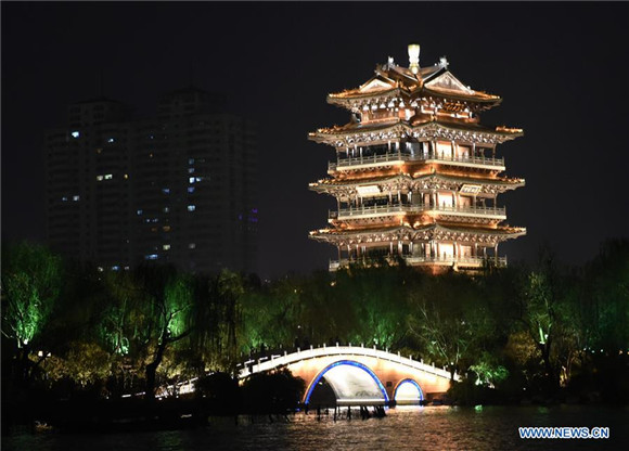 Night view at Daming Lake in Jinan, E China's Shandong