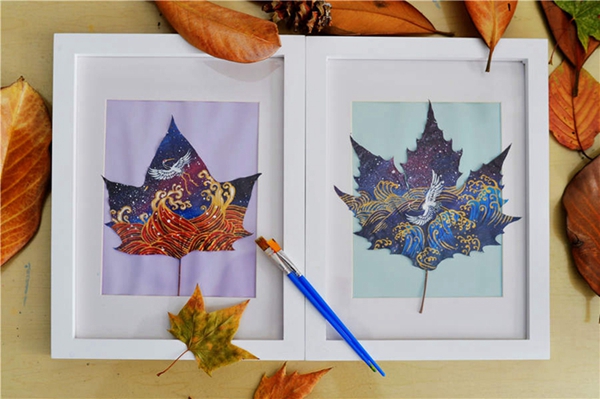 Qingdao students make creative leaf art