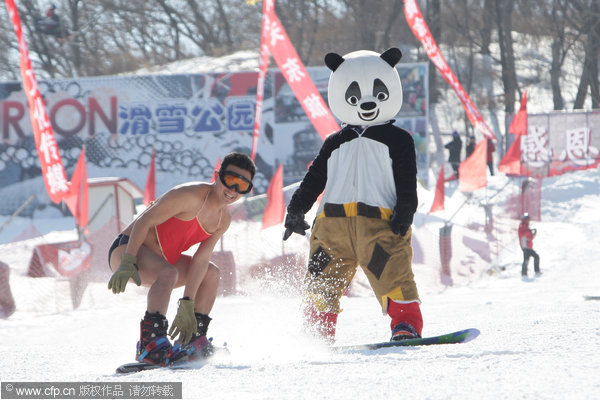 Underwear skiers enjoy fun and games in snow