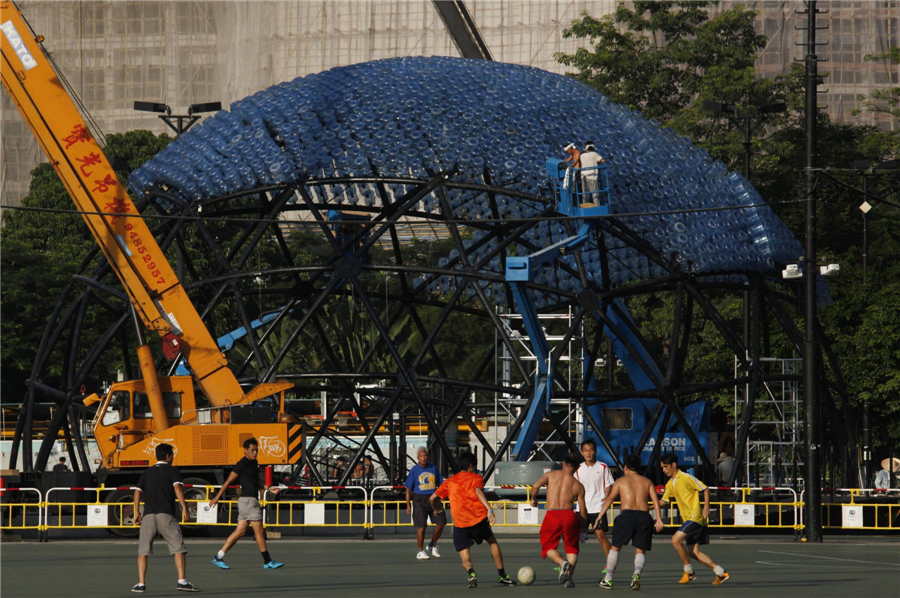 Giant lantern made of 7,000 plastic bottles