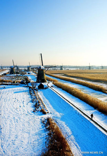 Snow sceneries in windmills town in Netherlands