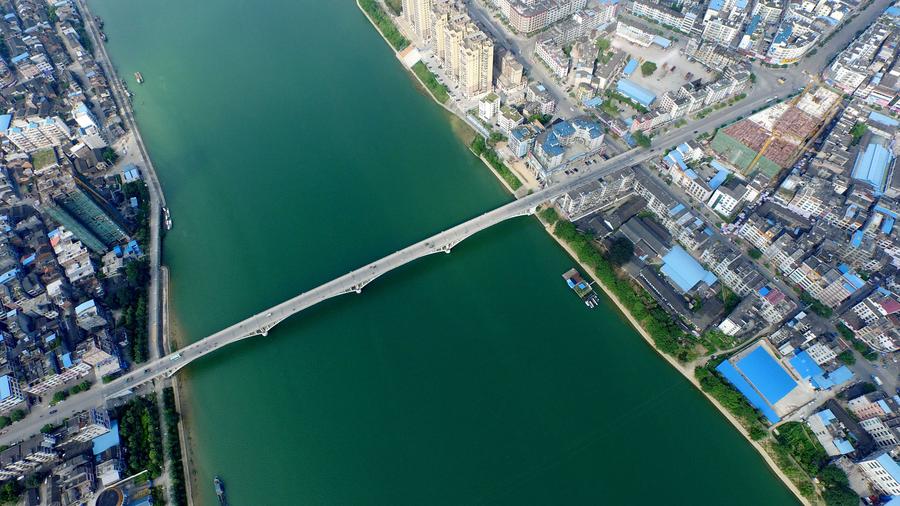 Aerial view of Rongjiang River in China's Guangxi