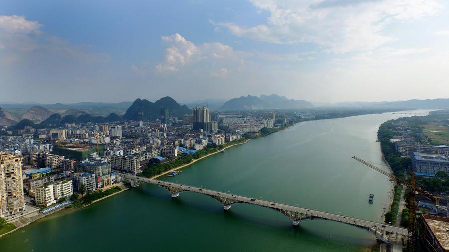 Aerial view of Rongjiang River in China's Guangxi