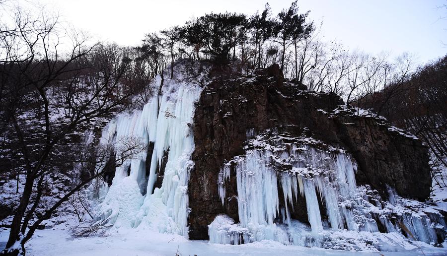 Scenery of icy waterfalls at Guanmen Mountain scenic spot in NE China