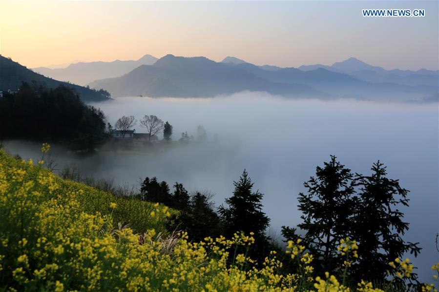 Clouds shroud ancient village Shitan, Anhui