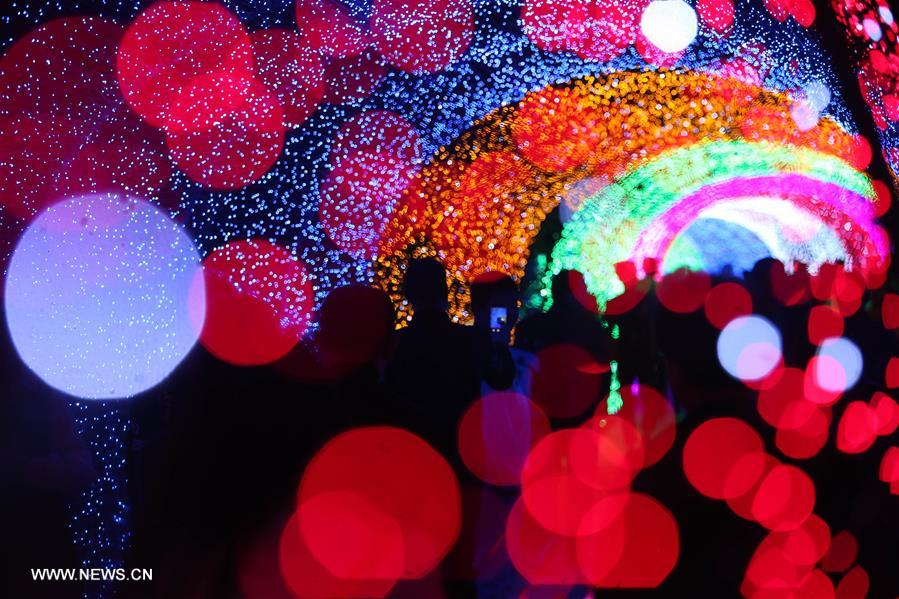 Tourists view colorful lights at light festival in E China's Nantong