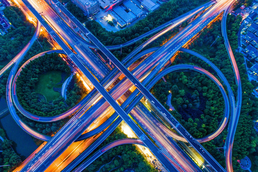 Overpass bridges in Hangzhou light up at night