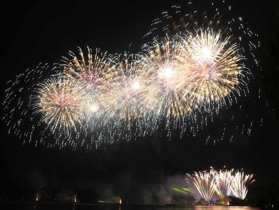 Fireworks light up sky over West Lake in Hangzhou