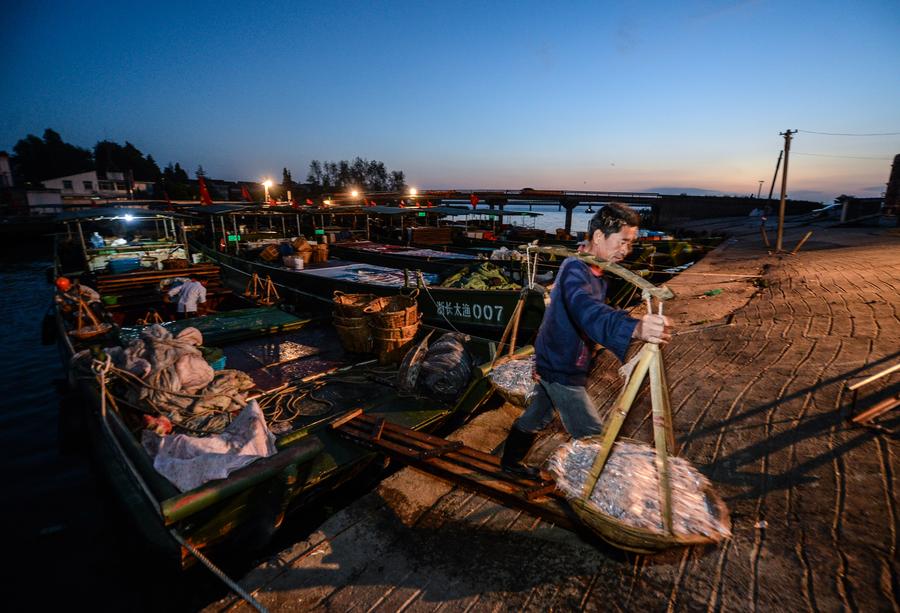 Villagers busy in drying fish in E China