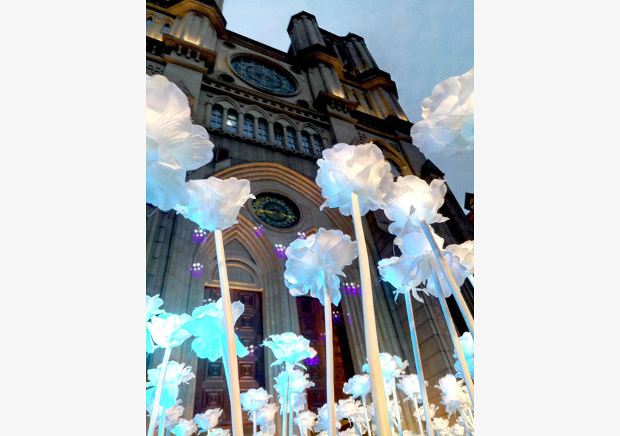 A sea of roses lights up Wuhan on Valentine's Day