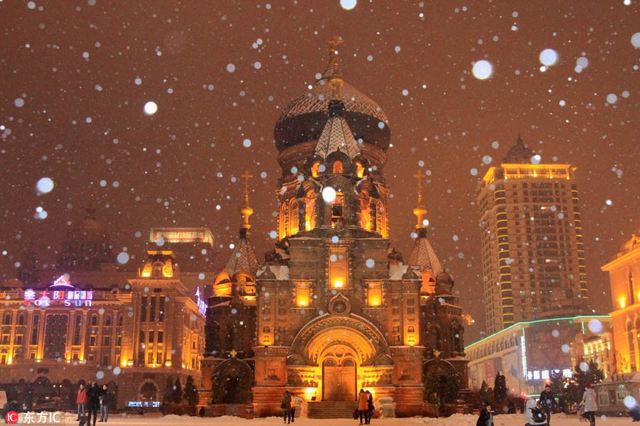 Harbin's iconic Saint Sophia Cathedral captured in snow