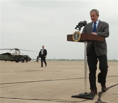 President Bush prepares to make a a statement about former Iraqi leader Saddam Hussein's conviction Sunday Nov. 5, 2006, in Waco Texas. Bush spoke before leaving on a day of campaiging. 