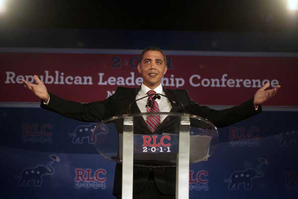 Impersonator mocks Obama at Republican forum